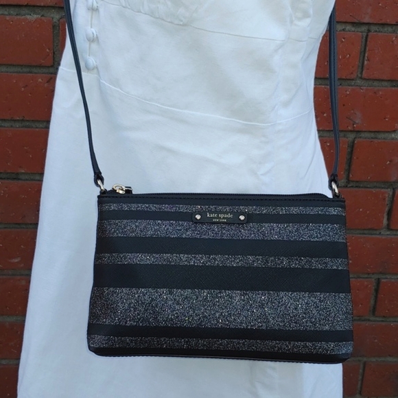 Kate Spade Haven Lane Ramey Leather Black Glitter Stripe Crossbody Bag NWT - Picture 3 of 15